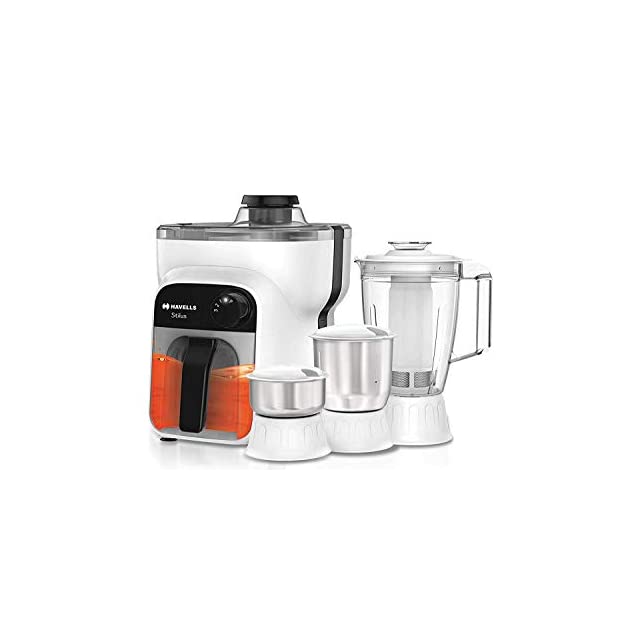 Havells Stilus 500 Watt Juicer Mixer Grinder 4 jar with 3 Speed LED Indication, Big Size Pulp Container, Juicer Jar with Fruit Filter & Sliding Spout, 1 Ltr Transparent Serving Jar (White/Black)