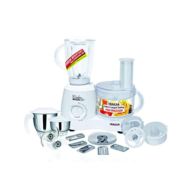 Inalsa Food Processor Wonder Maxie Plus V2 800 - Watt with Blender Jar, Dry Grinding Jar, Chutney Jar, 11 Accessories| 5 Yr. Warranty on Motor | Citrus and Centrifugal Juicer | Made in India | (White)