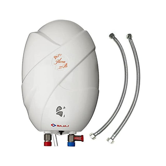 Bajaj Flora 3L 3kW ABS Plastic Instant Water Heater with 24-inch Stainless Steel Connection Pipes (White)