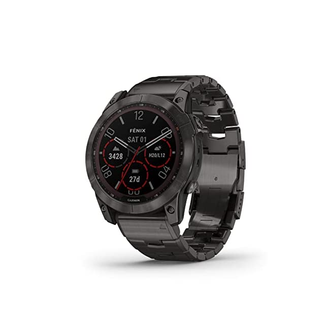 Garmin Fenix 7X Sapphire Solar Multisport Premium GPS Watch, Carbon Gray DLC Titanium with Metal Band, Black (Activity Tracker)