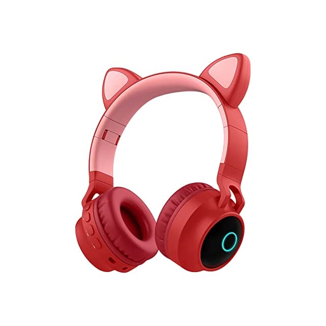 WK LIFE BORN TO LIVE- K9 Kids Headphones with Mic for Birthday Gift Girls Boys Cat Ear Bluetooth, Foldable LED Light Up Headphones Over On Ear for Online Learning School (Red)