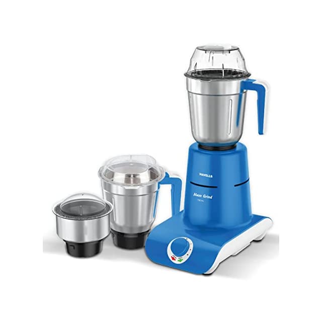 Maxx Grind 750 watt Mixer Grinder with 3 Wider Mouth Stainless Steel Jar, Hands Free Operation, SS-304 Grade Blade, Overload Indicator & 5 Year Motor Warranty (Blue).
