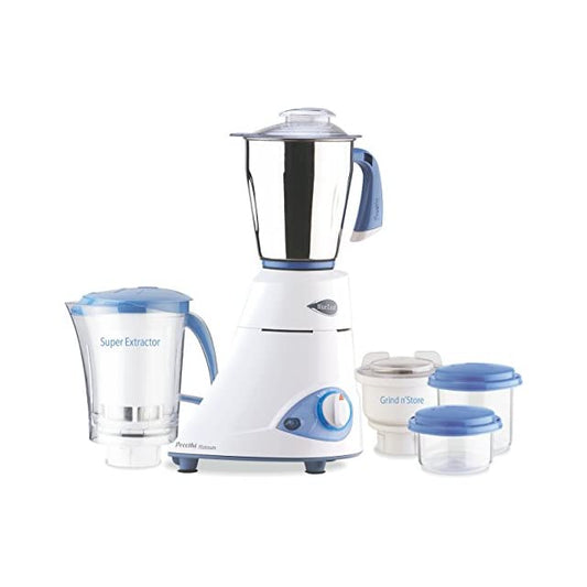Preethi Platinum MG-153 mixer grinder, 550 watt, 3 jars includes Super Extractor juicer Jar with 2 Air-Tight Containers (White/Blue)