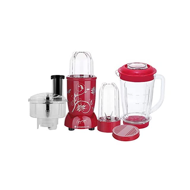 Wonderchef Nutri-Blend Compact Food Processor With Atta Kneader, 400W, 22000 RPM Mixer-Grinder, Blender, Chopper, Juicer, SS Blades, 4 Unbreakable Jars, 2 Years Warranty, Red, E-Recipe Book By Chef Sanjeev Kapoor