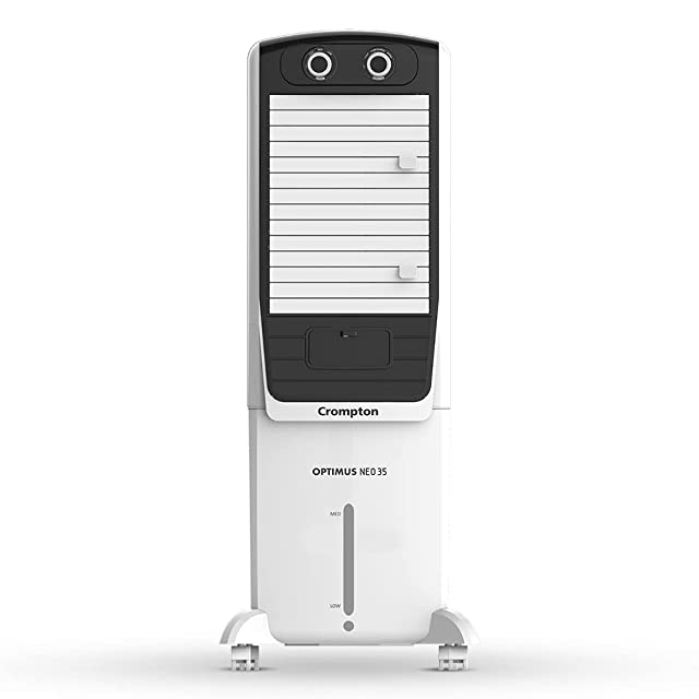 Crompton Optimus Neo Tower Air Cooler- 35L; with Everlast Pump, Auto Fill, 4-Way Air Deflection and High Density Honeycomb pads; White & Black