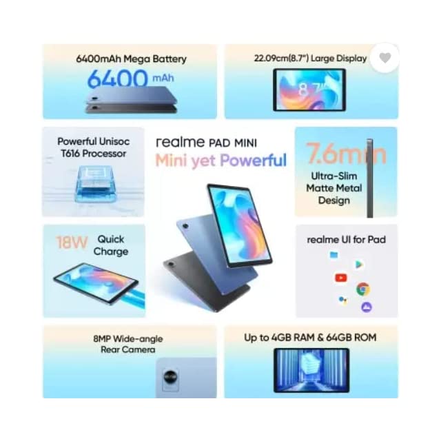 Realme Pad Mini Wi-Fi, Cellular Tablet With 4Gb Ram 64 Gb Storage (Blue)