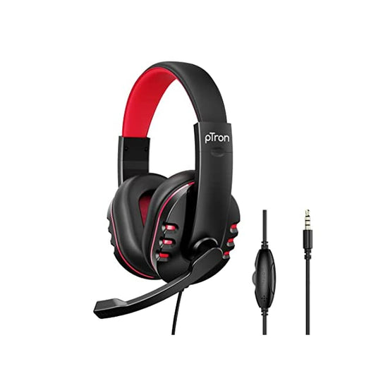 pTron Soundster Arcade Over-Ear Wired Headphones, Ergonomic Headset with Mic, Adjustable Boom Mic & in-line Volume Control Wheel, Universal 3.5mm Aux & 1.3 Meter Long Tangle-Free Cable (Black & Red)