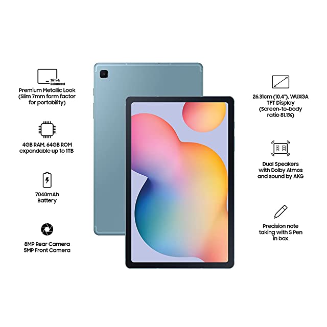 Samsung Galaxy Tab S6 Lite 26.31 cm (10.4 inch), S-Pen in Box, Slim and Light, Dolby Atmos Sound, 4 GB RAM, 64 GB ROM, Wi-Fi Tablet, Angora Blue
