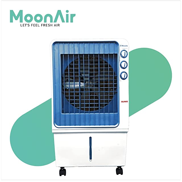 Moonair Plastic Sumo 65 Desert Air Cooler With 65 Liters Water Tank; 5 Fin Power Flow Blade; Castor Wheels For easy Movement; 4 Way Air Deflection; Low Power Consumption; 3 Speed; (65-L ,White)
