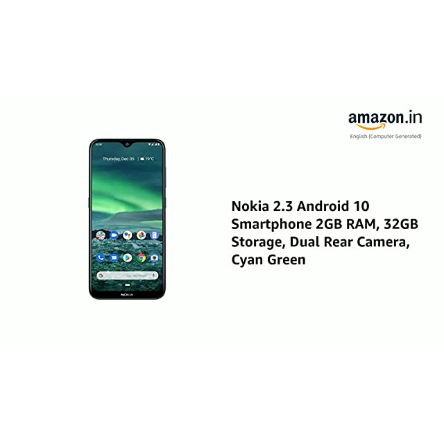 Nokia 2.3 Android 10 Smartphone 2GB RAM, 32GB Storage, Dual Rear Camera, Cyan Green