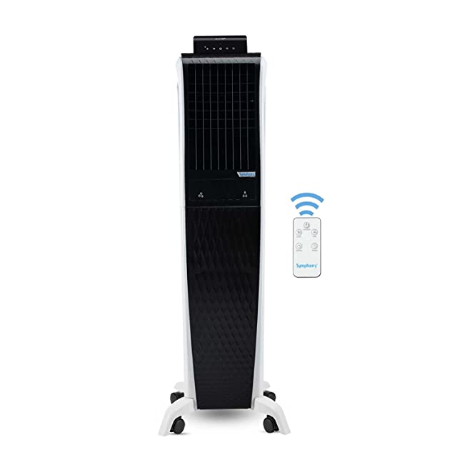 Symphony Diet 3D 55i+ Portable Tower Air Cooler For Home with 3-Side Honeycomb Pads, Magnetic Remote, i-Pure Technology and Automatic Pop-Up Touchscreen (55L, White & Black)