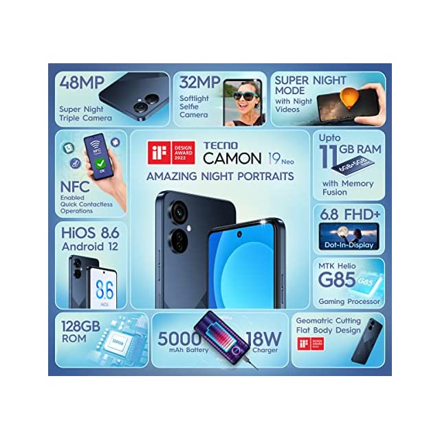 Tecno Camon 19 Neo (Eco Black, 6GB RAM, 128GB Storage)|48MP Super Night Rear Camera|32MP Selfie Camera|Upto 11GB Expandable RAM|6.8" FHD+LTPS Display|Helio G85 Processor