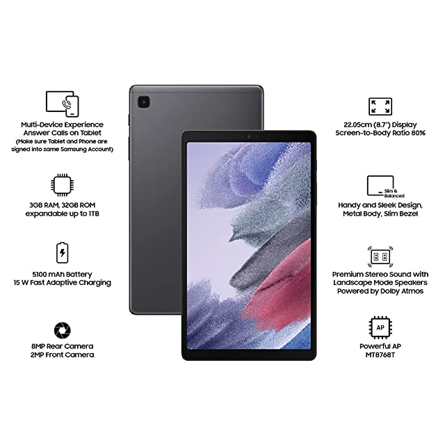 Samsung Galaxy Tab A7 Lite 22.05 cm (8.7 inch), Slim Metal Body, Dolby Atmos Sound, RAM 3 GB, ROM 32 GB Expandable, Wi-Fi+4G Tablet, Gray