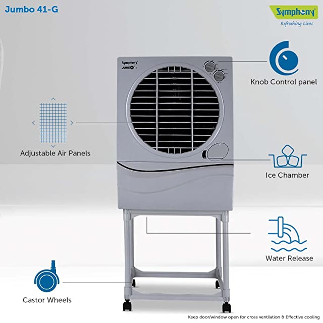 Symphony Jumbo 41 Desert Air Cooler For Home with Aspen Pads, Powerful Fan, Cool Flow Dispenser and Free Trolley (41L, Grey)