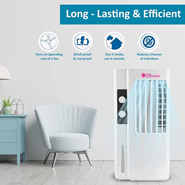 Casa Copenhagen, 15 L Personal Air Cooler with Anti Bacterial Honeycomb Pads, 3rd Turbo Fan, Powerful Air Throw with Auto Swing and 3-Speed Control with Low Power Consumption - White/Black