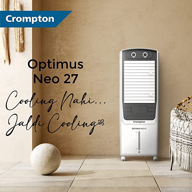Crompton Optimus Neo Tower Air Cooler- 27L; with Everlast Pump, Auto Fill, 4-Way Air Deflection and High Density Honeycomb Pads; White & Black