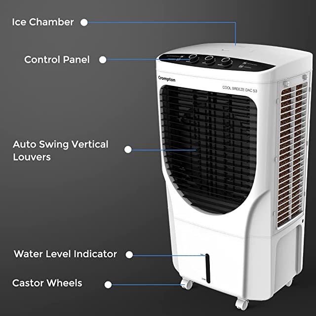 Crompton Cool Breeze DAC Desert Air Cooler- 53L; with Everlast Pump, 4-Way Air Deflection and Honeycomb Pads; White & Black, (ACGC-CBDAC53)