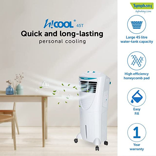 Symphony Hicool 45T Personal Air Cooler For Home with Honeycomb Pad, Powerful Blower, i-Pure Technology and Low Power Consumption (45L, White)