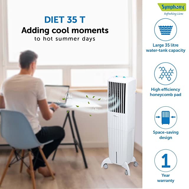 Symphony Diet 35T Personal Tower Air Cooler for Home with Honeycomb Pad, Powerful Blower, i-Pure Technology and Low Power Consumption (35L, White)
