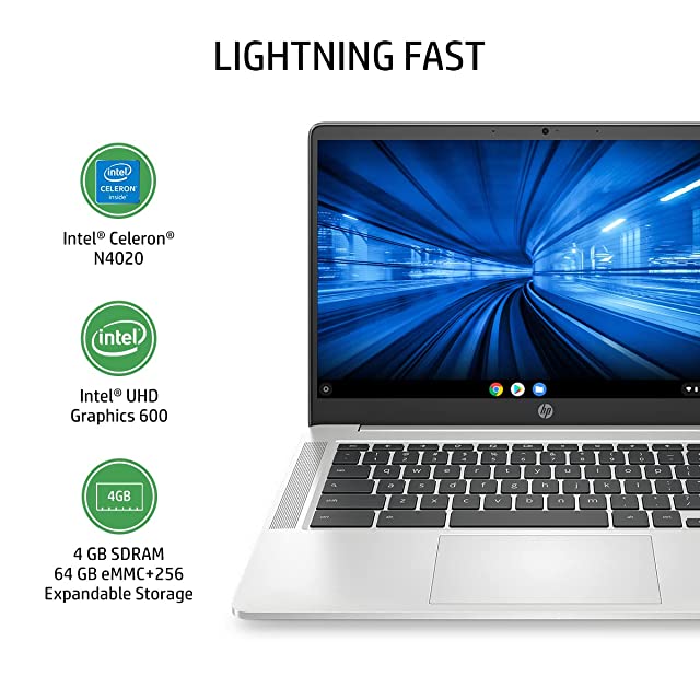 HP Chromebook 14 Intel Celeron N4020-4GB SDRAM/64GB eMMC + 256GB Expandable Storage 14inch(35.6 cm) Thin & Light Touchscreen Laptop (Chrome OS/B&O/Google Assistant/BL Keyboard/1.46 kg),14a-na0003TU