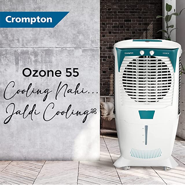 Crompton Ozone Desert Air Cooler- 55L; with Everlast Pump, Auto Fill, 4-Way Air Deflection and High Density Honeycomb pads; White & Teal