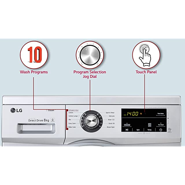 LG 8.0 Kg 5 Star Inverter Touch Control Fully-Automatic Front Load Washing Machine with Heater(FHM1408BDL, Silver, 6 Motion Direct Drive)