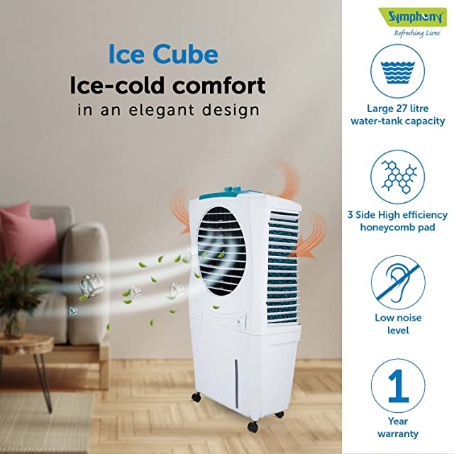 Symphony Ice Cube 27 Personal Air Cooler For Home with Powerful Fan, 3-Side Honeycomb Pads, i-Pure Technology and Low Power Consumption (27L, White)