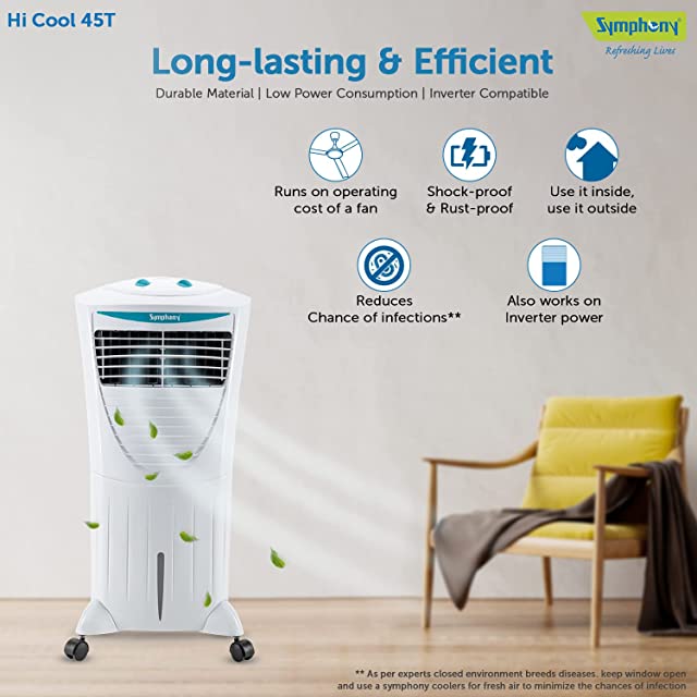 Symphony Hicool 45T Personal Air Cooler For Home with Honeycomb Pad, Powerful Blower, i-Pure Technology and Low Power Consumption (45L, White)