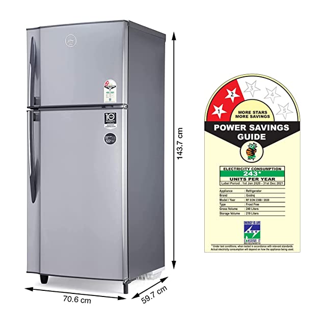Godrej 236 L 2 Star Inverter Frost-Free Double Door Refrigerator with Jumbo Vegetable Tray (RF EON 236B 25 HI SI ST, Stainless Steel)