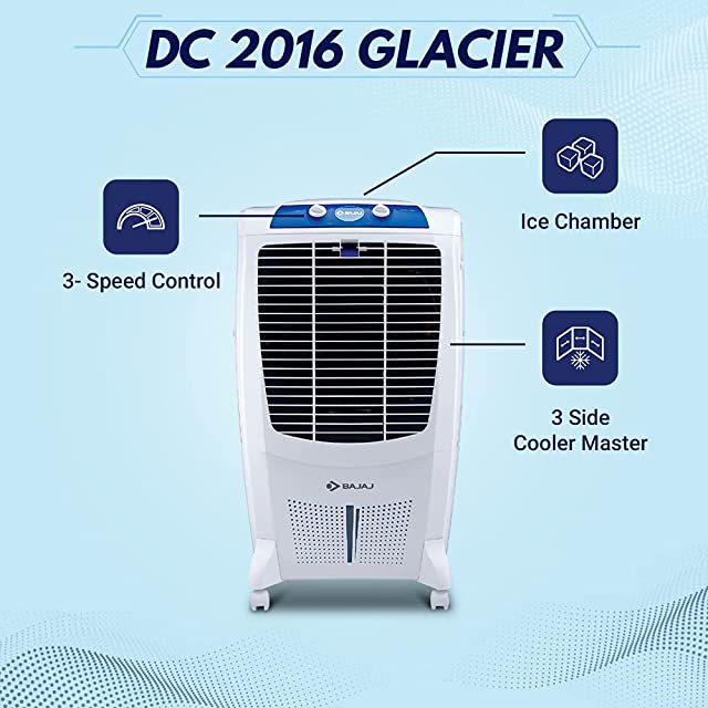 Bajaj DC 2016 Glacier 67L Desert Air Cooler with Turbo Fan Technology, Powerful Air Throw and 3-Speed Control, White
