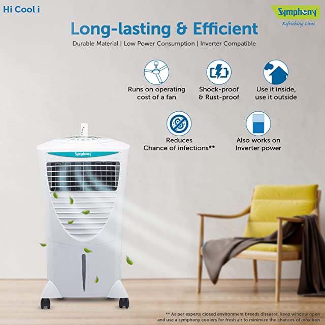 Symphony Hicool i Personal Air Cooler for Home with Remote with Honeycomb Pad, Powerful Blower, i-Pure Technology and Low Power Consumption (31L, White)