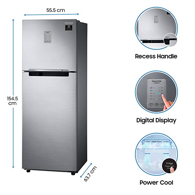 Samsung 253L 3 Star Inverter Frost Free Double Door Refrigerator (RT28T3743S8/HL, Elegant Inox, Convertible)