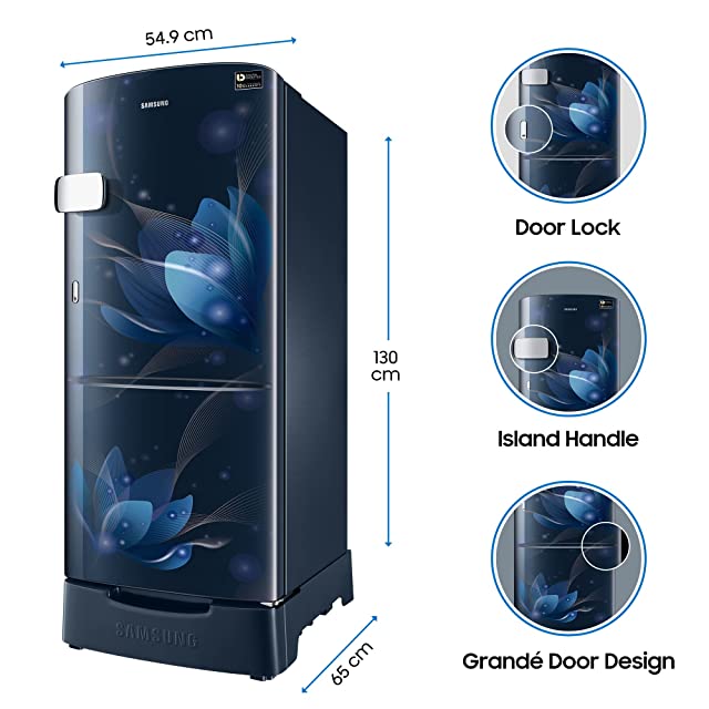 Samsung 192 L 3 star Inverter Direct Cool Single Door Refrigerator (RR20A1Z2YU8/HL, Saffron Blue, Base Stand with Drawer)