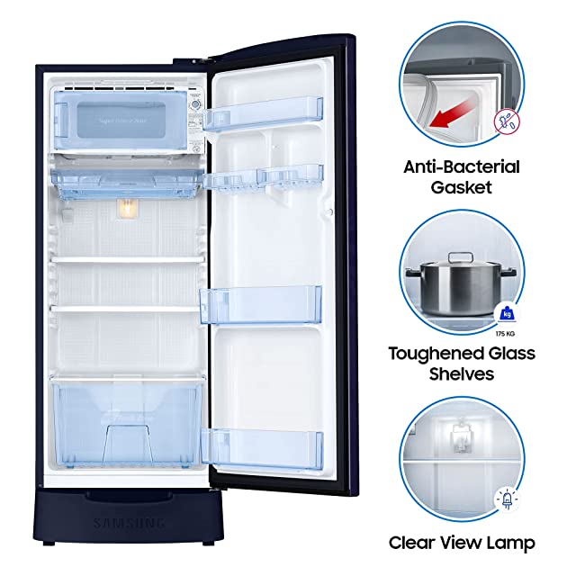 Samsung 192 L 2 Star Direct Cool Single Door Refrigerator (RR19A2Z2B6U/NL, Mystic Overlay Blue, Base Stand with Drawer)