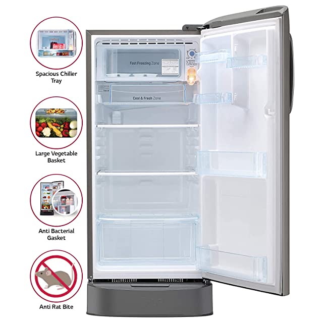 LG 190 L 4 Star Inverter Direct Cool Single Door Refrigerator (GL-D201APZY, Shiny Steel, Base Stand with Drawer)