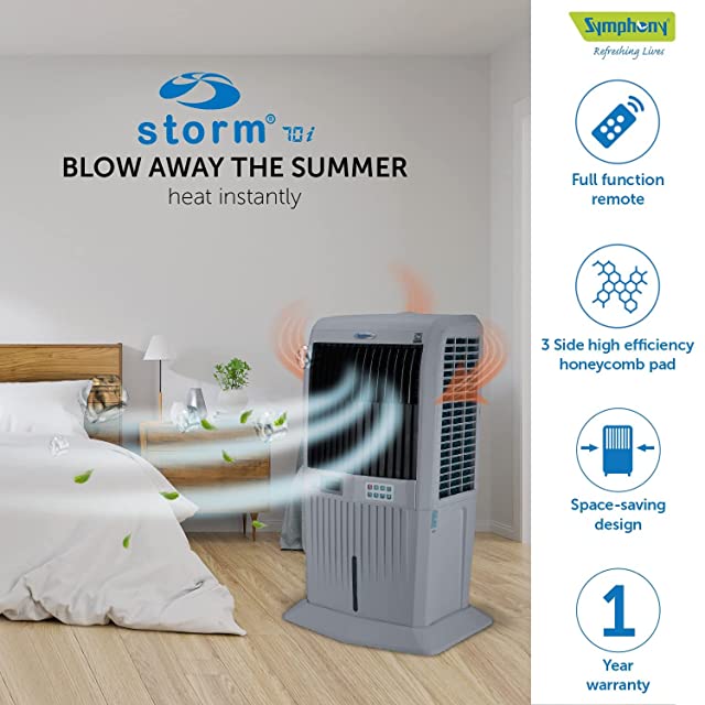 Symphony Storm 70i Desert Air Cooler For Home with 3-Side Honeycomb Pads, Powerful Blower, i-Pure Technology and LCD Control Panel (70L, Grey)