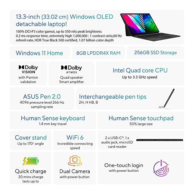 ASUS Windows 11 Home VivoBook 13 Slate OLED, Intel Pentium Silver N6000, 13.3 Inches - FHD OLED Touch 2-in-1 Laptop (8GB/256GB SSD/Office 2021/Win 11/Black), T3300KA-LQ111WS