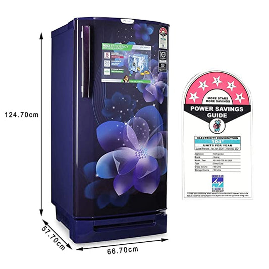 Godrej 190 L 5 Star Inverter Direct-Cool Single Door Refrigerator (RD 1905 PTDI 53 JW BL, Jewel Blue, Base Stand with Drawer)