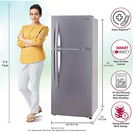 LG 260L 3 Star Smart Inverter Frost-Free Double Door Refrigerator (GL-S292RDSX, Dazzle Steel, Convertible)