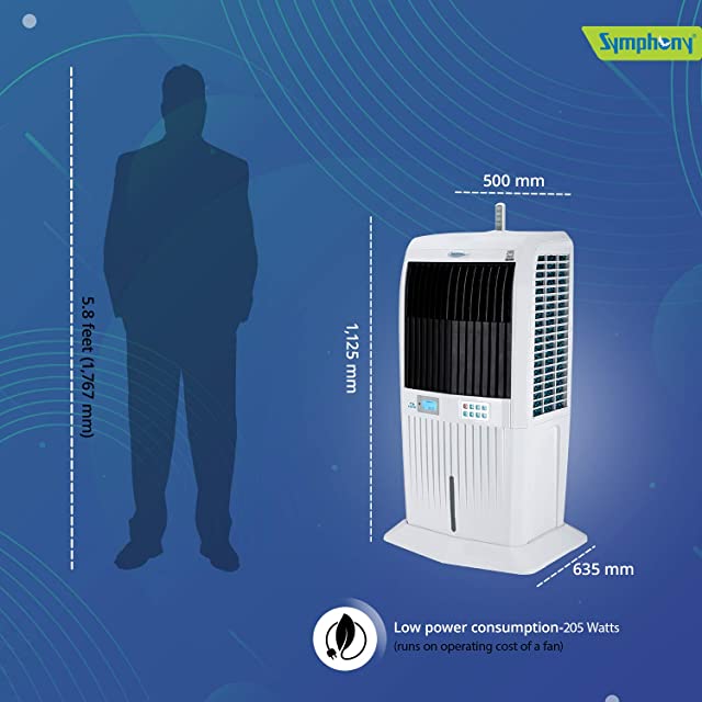 Symphony Storm 70i (New) Tower Air Cooler with Remote, 3-Side Honeycomb Pads, LCD Control Panel, Powerful Blower - 70L, White