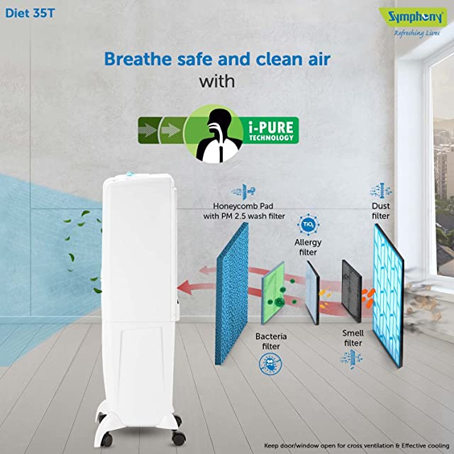Symphony Diet 35T Personal Tower Air Cooler for Home with Honeycomb Pad, Powerful Blower, i-Pure Technology and Low Power Consumption (35L, White)