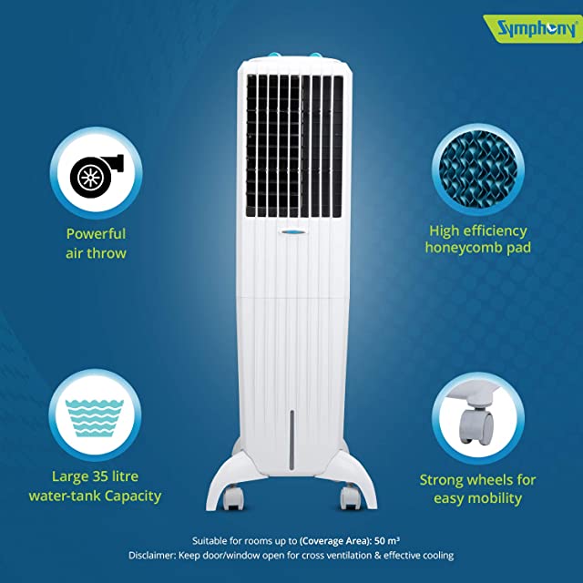 Symphony Diet 35T Tower Air Cooler with Honeycomb Pad, Cool Flow Dispenser - 35L, White