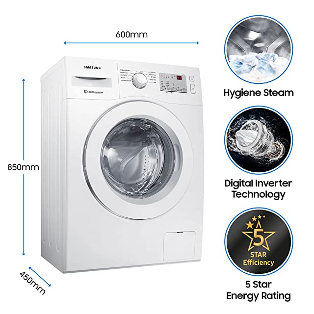 Samsung 6.0 Kg Inverter 5 Star Fully-Automatic Front Loading Washing Machine (WW60R20GLMA/TL, White, Hygiene Steam)