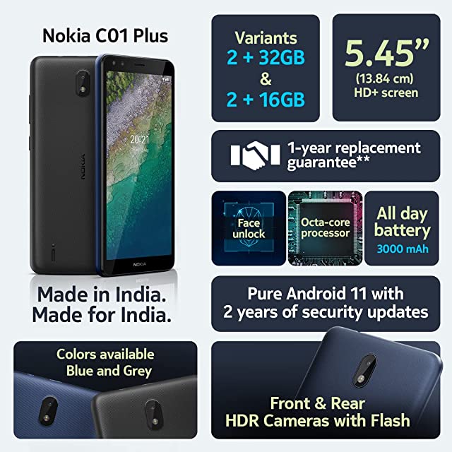 Nokia C01 Plus 4G, 5.45” HD+ Screen, Selfie Camera with Front Flash (Blue)