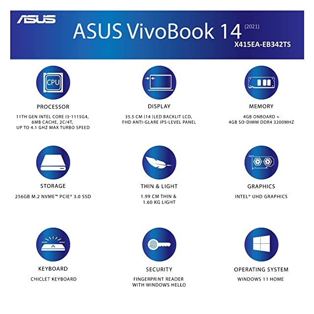 ASUS VivoBook 14 (2021), 14-inch (35.56 cms) FHD, Intel Core i3-1115G4 11th Gen, Thin and Light Laptop (8GB/256GB SSD/Integrated Graphics/Office 2021/Windows 11/Silver/1.6 Kg), X415EA-EB342WS