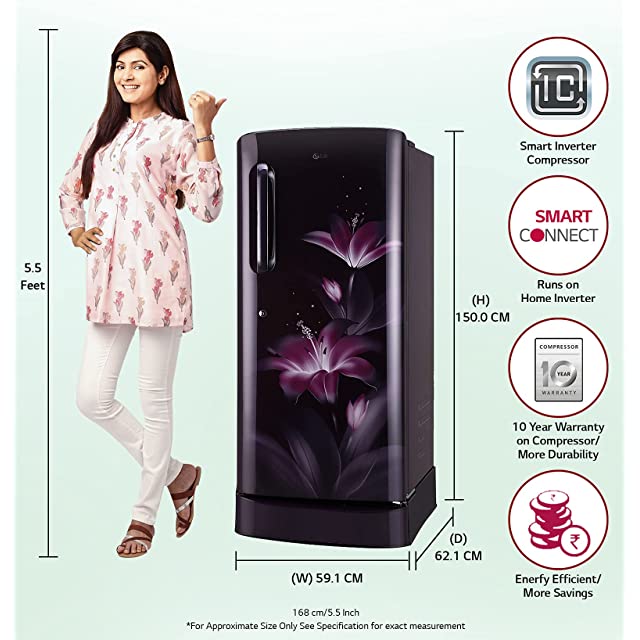 LG 235L 5 Star Inverter Direct-Cool Single Door Refrigerator (GL-D241APGZ, Purple Glow, Base stand with drawer)