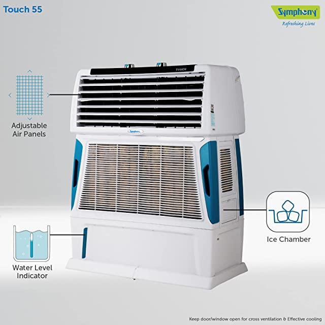 Symphony Touch 55 Personal Air Cooler For Home with 4-Side Aspen Pads, Powerful Double Blowers and Closable Louvers (55L, White)