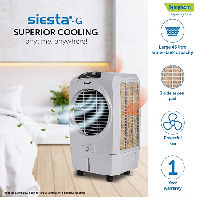Symphony Siesta-G Desert Air Cooler For Home with Aspen Pads, Powerful Fan, Cool Flow Dispenser and Low Power Consumption (45L, Grey)