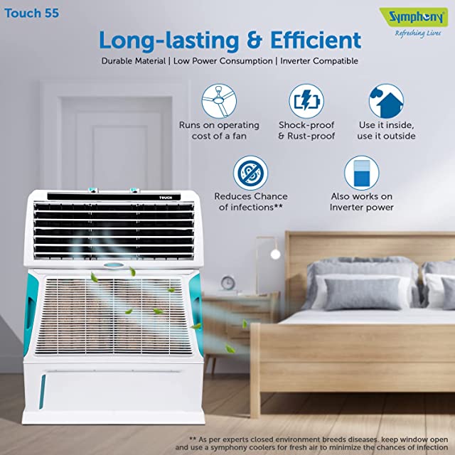 Symphony Touch 55 Personal Air Cooler For Home with 4-Side Aspen Pads, Powerful Double Blowers and Closable Louvers (55L, White)