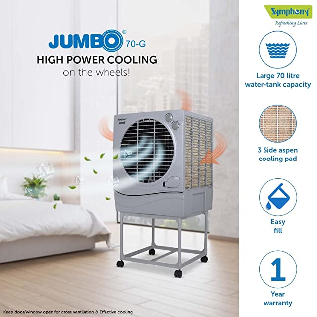 Symphony Jumbo 70 Desert Air Cooler For Home with Aspen Pads, Powerful Fan, Cool Flow Dispenser and Free Trolley(70L, Grey)